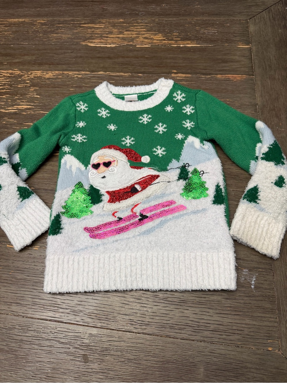 Holiday Time Green & White Sequin Santa Ski Crewneck Sweater size 4/5